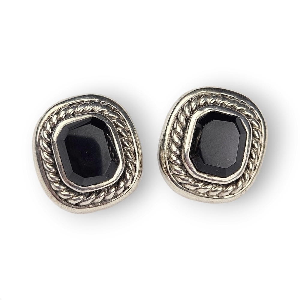 French Jet Sterling Earrings Faceted Black Glass Square 925 Silver Clip On Vtg